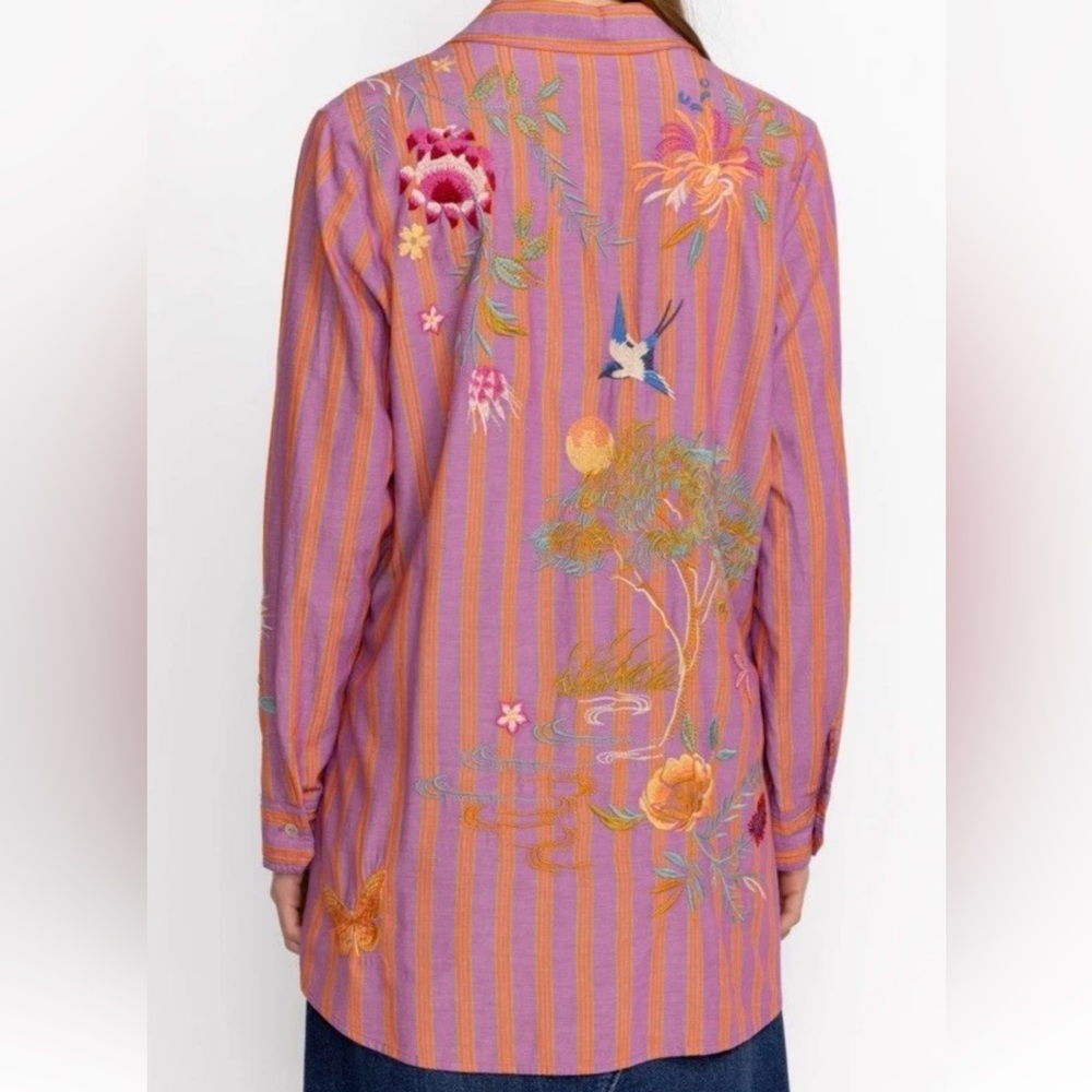 Johnny Was Indigo Button Down Tunic Shirt Medium M Pink Orange Stripe Top - Picture 4 of 9